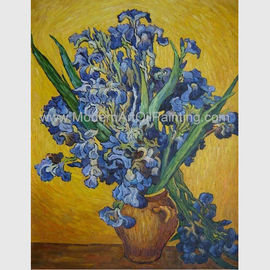 Van Gogh Irises In Vase pintado à mão feito sob encomenda contra um fundo amarelo