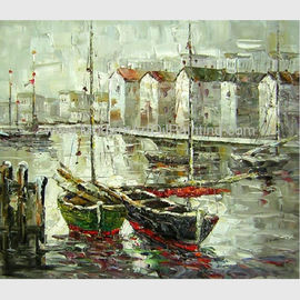 Pintura a óleo pintado à mão brilhante dos barcos na maré baixa, arte abstrata moderna da lona