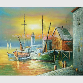 Porto da pintura a óleo dos barcos de Sailling, pintura de paisagem moderna do por do sol